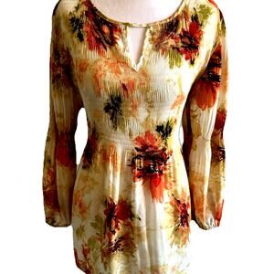 Floral and Ivy Blouse Boho Med Womens Floral Flowy Bell Sleeve Smocked Fairy